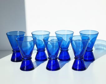 Blue Moroccan Beldi Cocktail Glasses Set of 6 Handcrafted Recycled Martini Glasses Cerulean Handmade Margarita Midcentury Barware