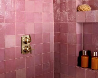 1 Square Foot Pink Zellige Moroccan Tile Handmade Zelige Rose Square Tile for Backsplash Kitchen Bathroom Glossy Ceramic Square Mosaic
