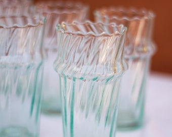 Vintage ribbed glassware fluted glasses handmade 6 piece scalloped drinking glasses Moroccan drinking glasses recycled glass stacking cups