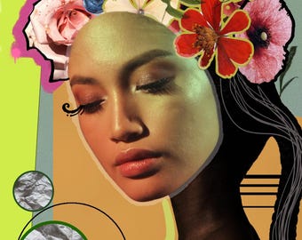 Frau mit Blumen: Abstrakte Digitale Collage Kunst (Digitaldruck)