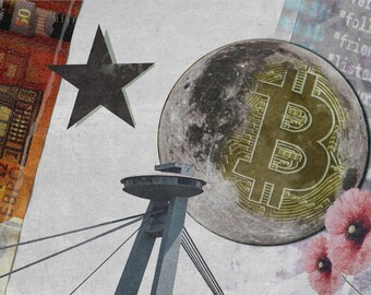 Bitcoin Collage Kunstdruck: Zeitgenössische digitale Illustration (Digitaler Download)