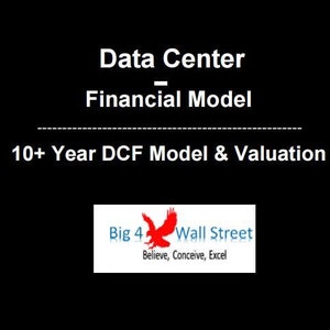 Può includere: Un'illustrazione grafica di un data center con server, una nuvola e grafici. Il testo "Data Center - Financial Model" e "10+ Year DCF Model & Valuation" è visualizzato. Il logo "Big 4 Wall Street" è anche mostrato.