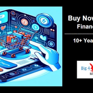 Pode incluir: Ilustração digital de um smartphone com um carrinho de compras e as palavras "Buy Now Pay Later". A tela exibe opções de pagamento e uma mão interagindo com a interface. O texto diz "Financial Model" e "10+ Year DCF Model."