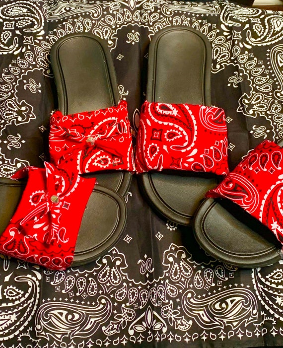 red bandana nike slides