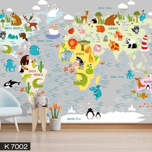 Maps Cartoon Animals Wallpaper Kids Room Peel and Stick Removable Self Adhesive Wall Mural Fabric Covering