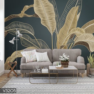 Gold Banana Leaf Wallpaper, Tropical Leaf Peel and Stick Wall Murals, Self Adhesive Wall Covering, Removable Wallpaper, for Office Bedroom