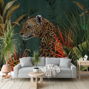 Tropical Forest Leaf Wallpaper, Leopard Peel and Stick Wall Murals, Self Adhesive Wall Covering, Removable Wallpaper, for Office Bedroom