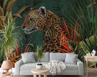 Leopard Tropical Leaf Wallpaper: Peel and Stick Removable Wall Mural