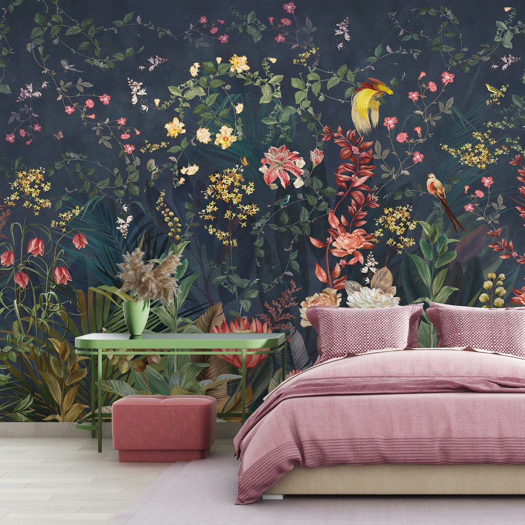 Tropical Floral Leaf Wallpaper: Peel and Stick Fabric Wall Mural - Etsy ...