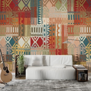 African Inspired Ethnic Kilim Peelable Stickable Wallpaper - Vibrant Teal & Red Squares, Geometric Pattern, Perfect for Bedroom or Bathroom