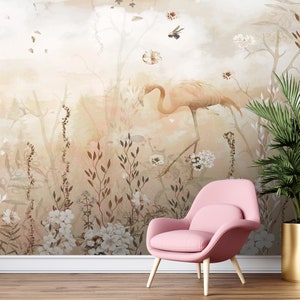 Pink Flamingo Wallpaper: Tropical Beige Leaf Wall Mural, Peel and Stick