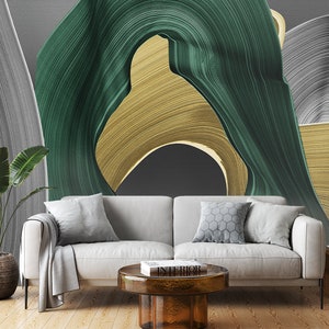 Gold Green Gray Geometric Wallpaper with Dark Emerald, Silver and Gold - Abstract Layered Forms for Bedroom, Bathroom, and Kitchen Wallpaper