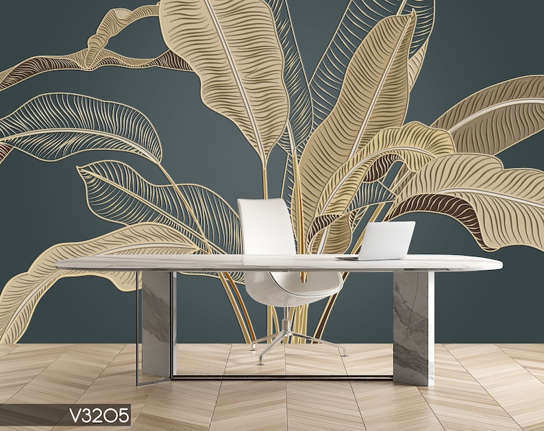 Gold Banana Leaf Wallpaper, Tropical Leaf Peel and Stick Wall Murals
