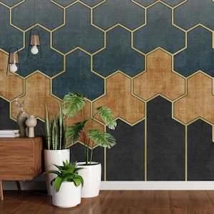 Modern Geometric Wallpaper, Blue Gold Peel and Stick Wall Murals, Self Adhesive Wall Covering, Removable Wallpaper, for Office Bedroom