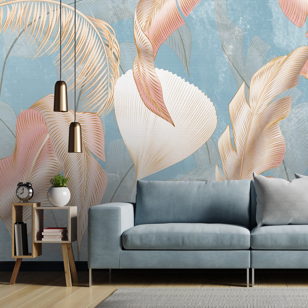 Blue & Gold Tropical Leaf Wallpaper - Peel and Stick Wall Mural - Etsy