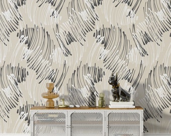 May include: A white metal media console with three open shelves and a black metal grid design. The console is against a beige wall with a black and white abstract pattern. A black metal sculpture of a dog is on top of the console.