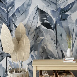 Tropical Leaves Wallpaper, Blue Gray Wall Mural, for living wall Covering, Peel and Stick, Fabric Wallpaper