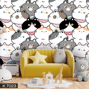 Cute Cat Animals Wallpaper Kids Room Peel and Stick Removable Self Adhesive Wall Mural Fabric Covering