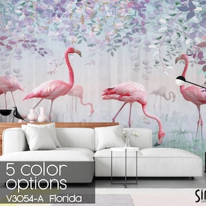 Pink Flamingo Wallpaper, Tropical, Leaf, Wall Mural, Peel and Stick, Wall Covering, Vintage, Rustic, for Living Room, for Bedroom,