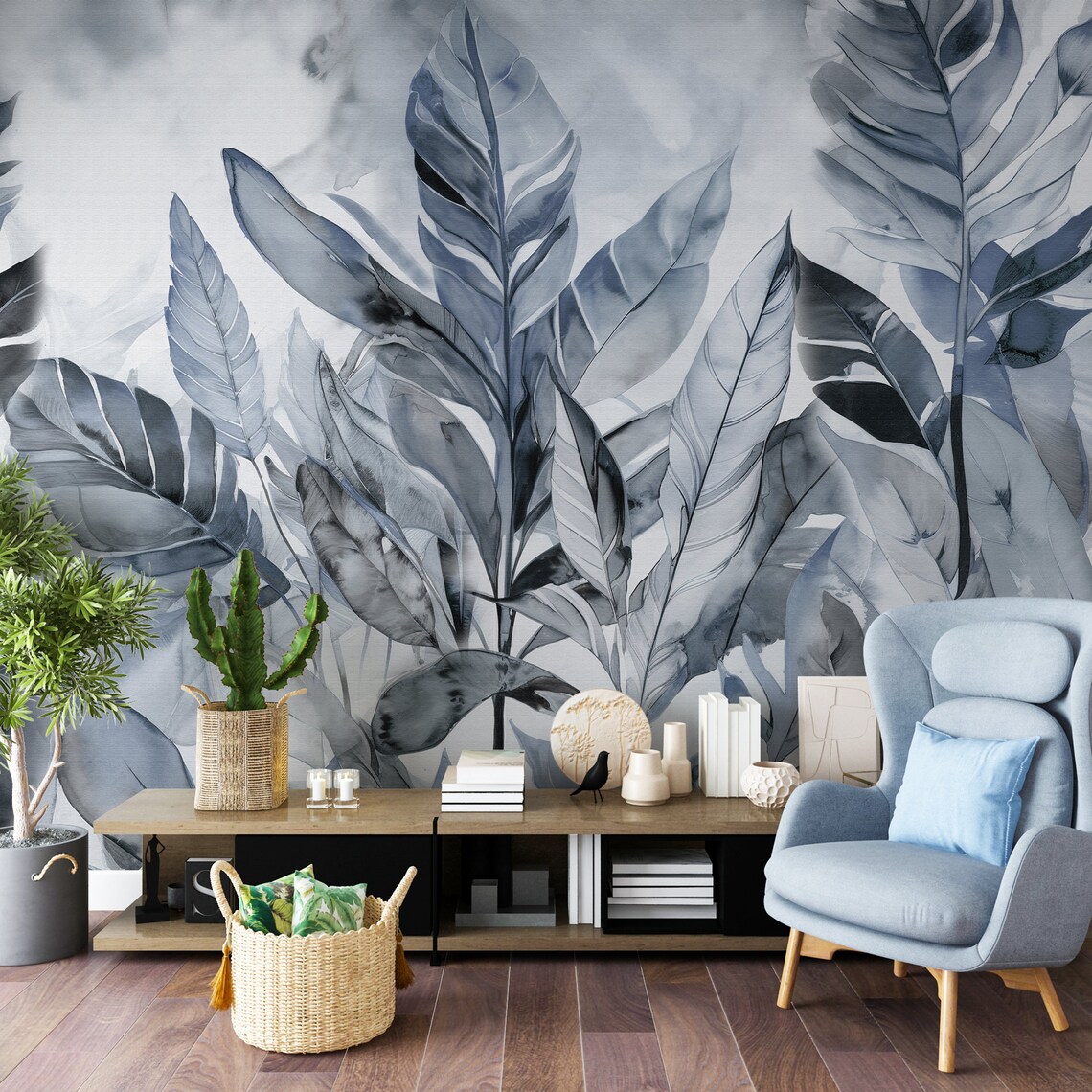 Tropical Leaves Wallpaper Blue Gray Wall Mural for Living Etsy