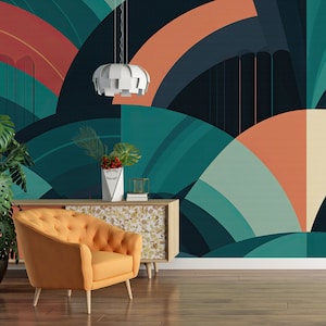 Trend Green Geometric Wallpaper, Dark Blue Wall Mural, for living wall Covering, Peel and Stick, Fabric Wallpaper