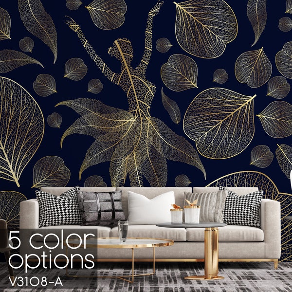 Gold Trend Wallpaper Leaves and Flowing Wall Murals, Removable Self Adhesive Peel and Stick for Stylish Wall Decor