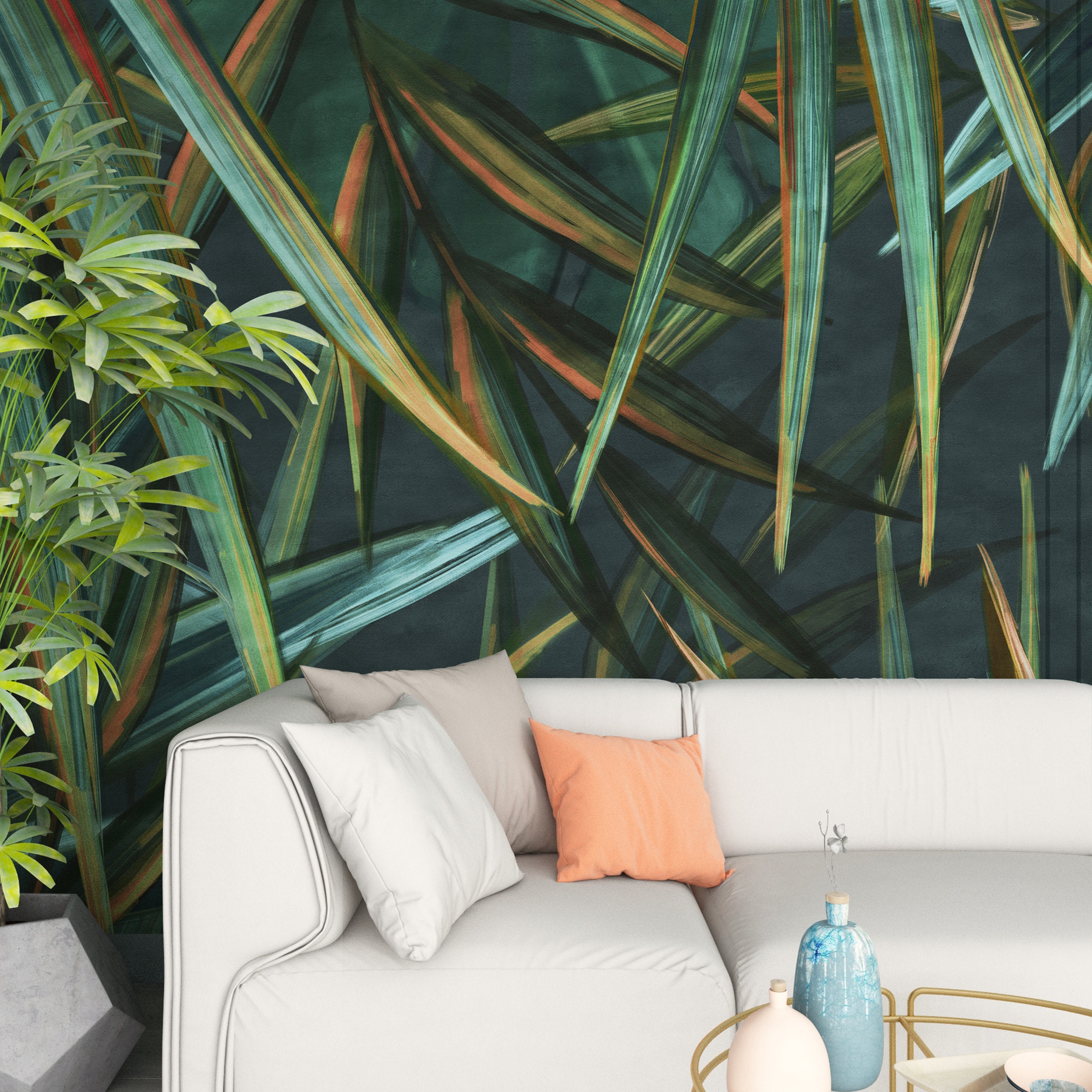 Tropical Leaves Wallpaper: Green Leaf Wall Mural, Peel and Stick - Etsy