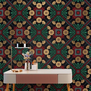Retro Gold Wallpaper, Green Red Self Adhesive Trend Wall Mural, Modern Peel and Stick Minimal Wallpaper Wall Covering