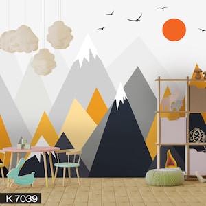 Mountains Yellow Kids Room Custom Wallpaper Kids Room Peel and Stick Removable Self Adhesive Wall Mural Fabric Covering