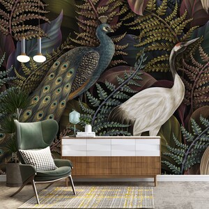 Tropical Peacock Birds Wallpaper: Peel and Stick Fabric Wall Mural