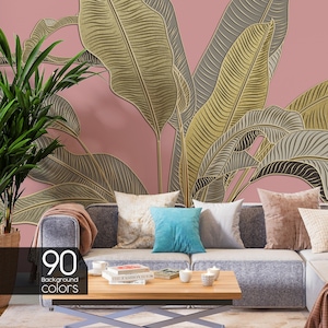 Tropical Wallpaper with Banana Leaf Design Gold Pink and Beige Wall Mural for Kitchen and Bedroom