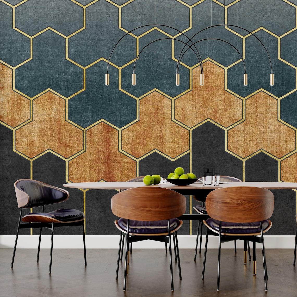 Blue and Gold Geometric Wallpaper: Peel and Stick Wall Mural - Etsy