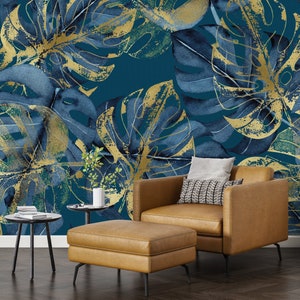 Gold Blue Leaf Wallpaper, Modern Wall Mural, Removable Wallpaper Self Adhesive Wall Covering, Peel and Stick