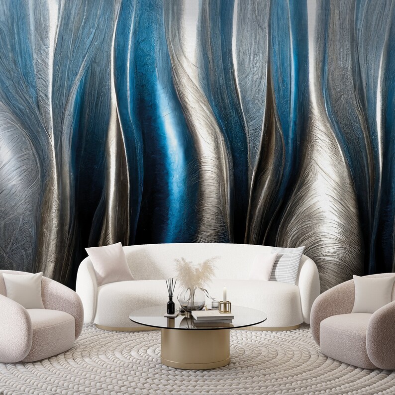 Blue Silver Marble Wallpaper Contemporary Peel and Paste Wallpaper