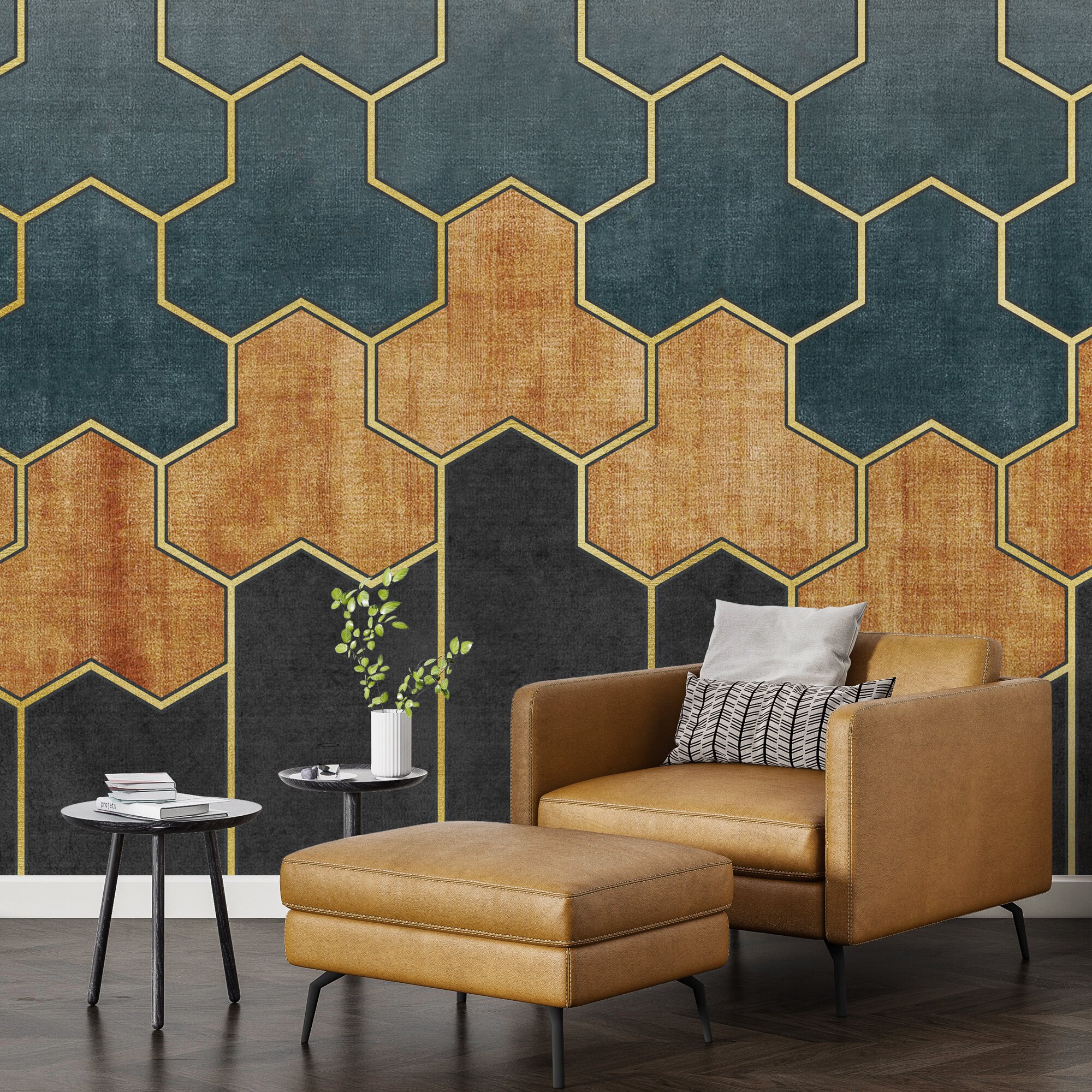 Blue and Gold Geometric Wallpaper: Peel and Stick Wall Mural - Etsy