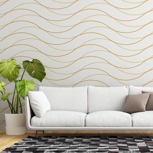 Removable Gold Lines Minimal Wallpaper, Trend Geometric Wallpaper, Modern Wall Mural, Self Adhesive Wall Covering, Peel and Stick