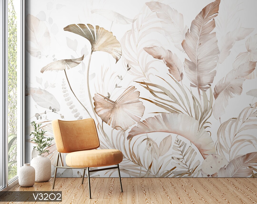 Beige Tropical Leaf Wallpaper: Peel and Stick Wall Mural - Etsy