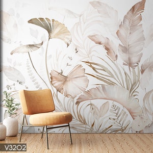 Beige Tropical Leaf Wallpaper: Peel and Stick Wall Mural