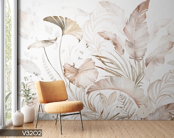Beige Tropical Leaf Wallpaper: Peel and Stick Wall Mural