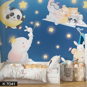 Starry Sky and Cute Animals Wallpaper Custom Kids Room Peel and Stick Removable Self Adhesive Wall Mural Fabric Covering