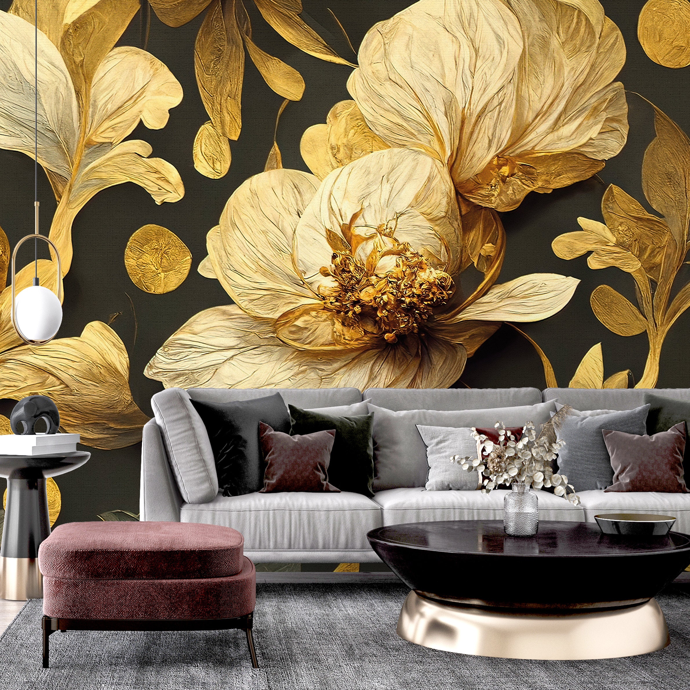 Gold Leaf Floral Wallpaper: Luxury Peel and Stick Wall Mural - Etsy
