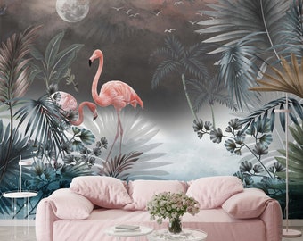 Pink Flamingo Tropical Leaf Wallpaper: Peel and Stick Wall Mural