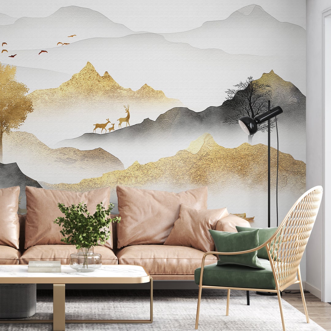Gold Mountain Landscape Wallpaper Mural - Peel and Stick Fabric - Etsy