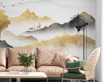 Gold Black Mountain Wallpaper, Landscape Wall Mural, For Livingroom Wall Covering, Peel and Stick, Fabric Wallpaper