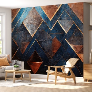 Unique Geometric Peelable Stickable Colored Wallpaper, Blue and copper, Bold Patterns Textures, Perfect for Bathroom,