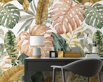Tropical Leaf Wallpaper: Pink & Green Peel and Stick Wall Mural