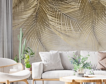 Beige Tropical Leaf Peel and Stick Wallpaper: Removable Wall Mural