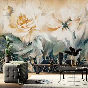 Floral Wallpaper, Modern Beige Rose Wall Mural, Removable Flower Wallpaper Self Adhesive Wall Covering, Peel and Stick