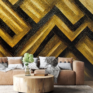 Black and Gold Geometric Wallpaper, Bold Pattern Art Deco Design, Easy Install Peel and Stick for Home or Office Decor