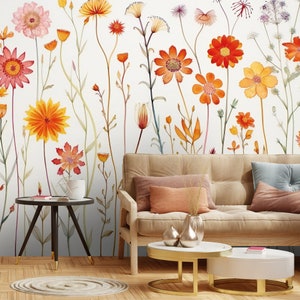Beige Floral Peel and Stick Wallpaper: Boho Flower Wall Mural